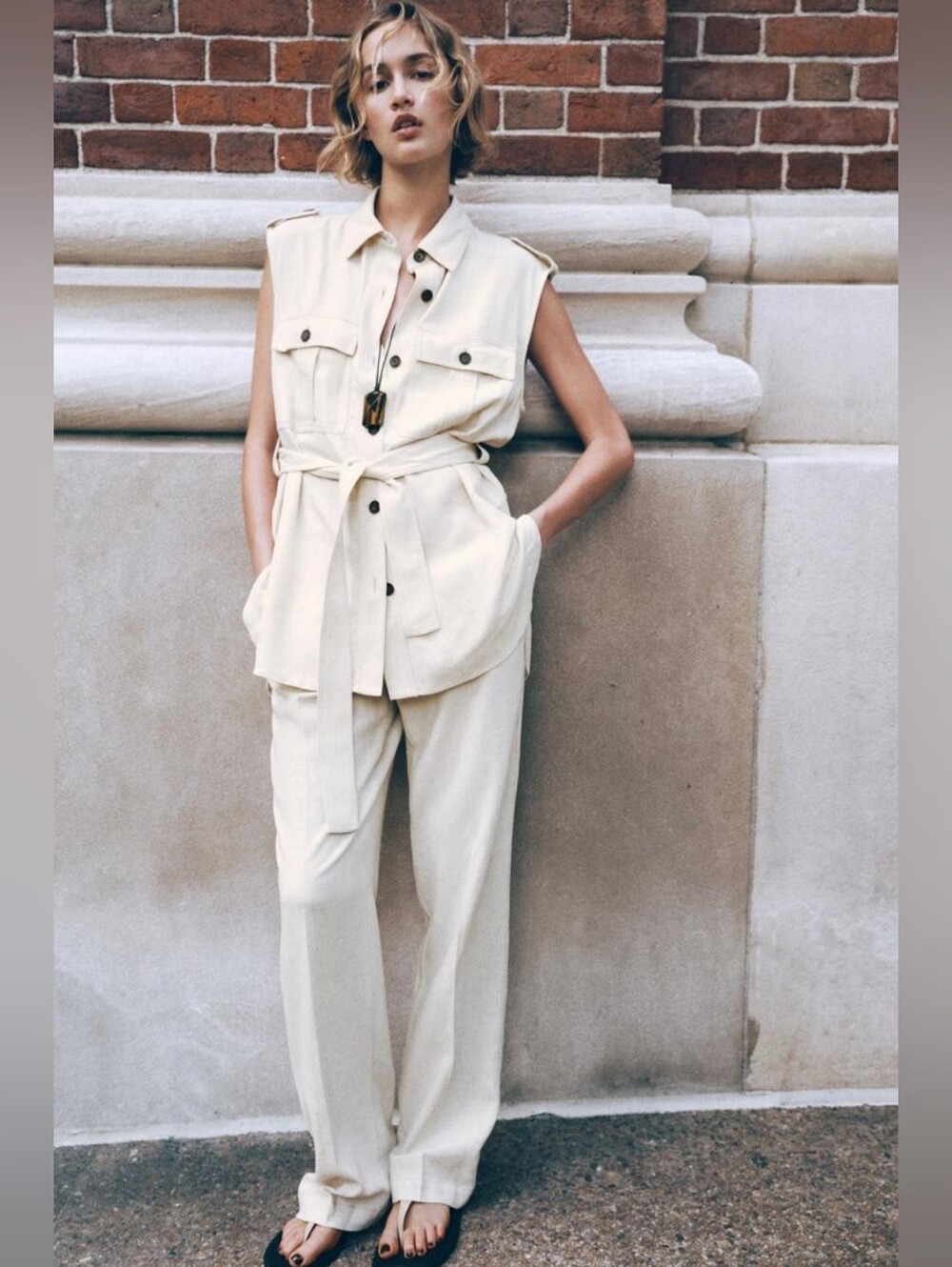 LINEN BELTED LONG VEST SIZE S